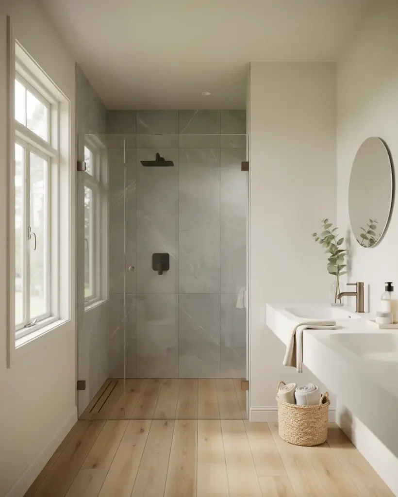 badrumsrenovering med natursten och glasd rr i solsidan saltsj baden