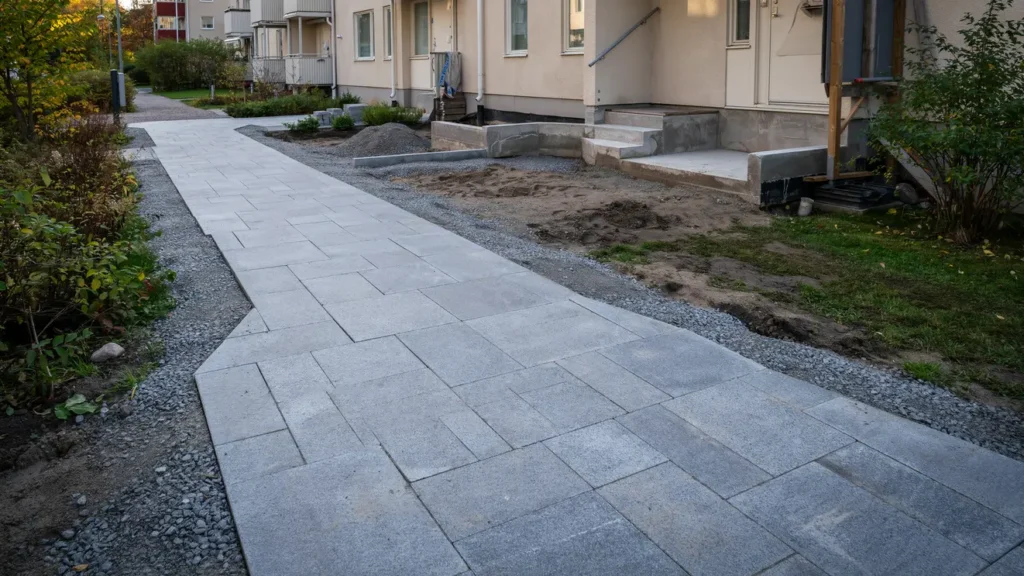 markarbete med gatstensg ng och renovering under trapp i fisks tra